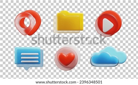 Set of 3D social icons made of matte glass and plastic copy. Location, cloud, play, like, folder and message glassmorphism style signs.
