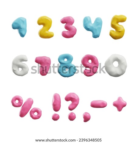 Plasticine molded numbers from 1 to zero and signs set. Modeling clay figure elements and punctuation marks. 3d render. Isolated realistic vector illustration.