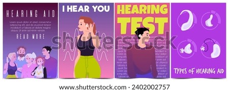 Deafness and hearing impairments concept of banners or posters with people using hearing aid devices, flat vector illustration. Deafness test and hearing test posters.