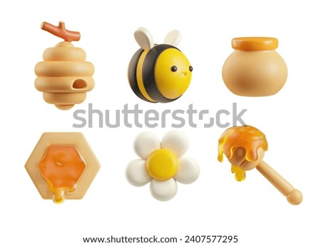 Honey concept 3d elements set. Bee, comb cell, dipper, hive, jar and flower model render. Isolated vector illustration collection.