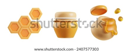 Set of items about honey 3D style, vector illustration isolated on white background. Decorative design elements collection, hexagonal honeycombs, closed and opened jars, healthy product