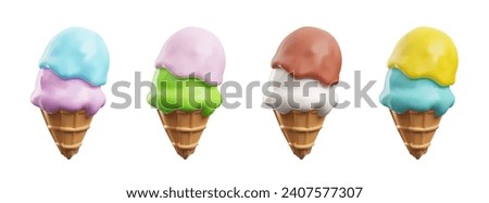 3D ice cream in wafer cones set. Two different flavors ice cream scoops served in waffle. Sweet frozen dessert 3D models. Isolated vector illustration render.