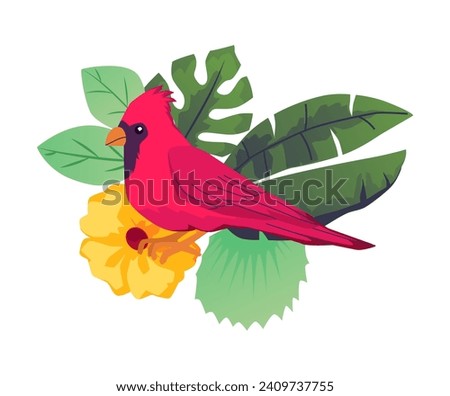 Tropical bird on a green branch, cartoon vector illustration isolated on white background. Bright cute red cardinal, rare unusual flowers and leaves. Tropic plants and animals for design