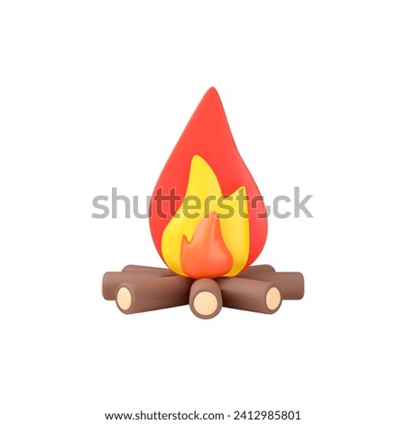 Burning bonfire or campfire, firewood with fire or flame. 3d realistic design element plasticine texture. Camping, picnic, tourism concept. Vector render illustration isolated on white