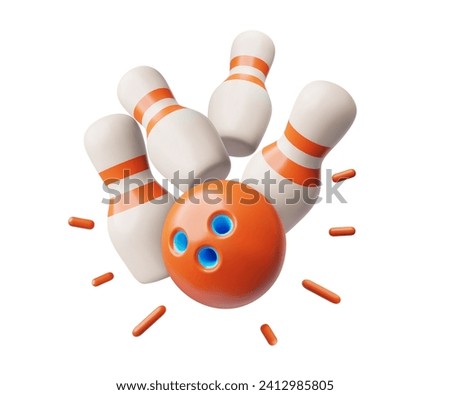 Bowling ball strike hit falling pin skittles. 3D bowling play target, winning movement vector concept. Bowling ball crashing into the pins. Realistic Bowl game sport competition