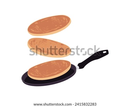 Pancakes toss in the pan, hung in the air. Pan with pancake, turn the pancake on the fly. Vector flat cartoon illustration. Delicious baking food, sweet dessert isolated on white background