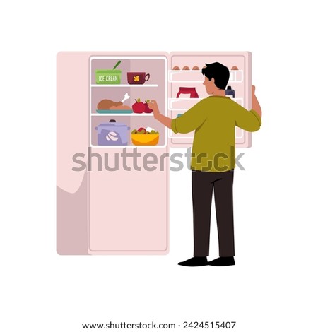 Man standing in front of opened fridge full of the food. Stress overeating, bad unhealthy habit, binge eating disorder. Late snack, mental health problem. Cartoon vector illustration. Obese gluttony