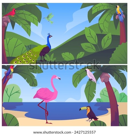 Tropical flora and fauna paradise nature vector illustration set. Beautiful jungle wild landscape with palm trees and beach. Exotic hummingbird, toucan, Ara or Macaw parrot, peacock, flamingo birds