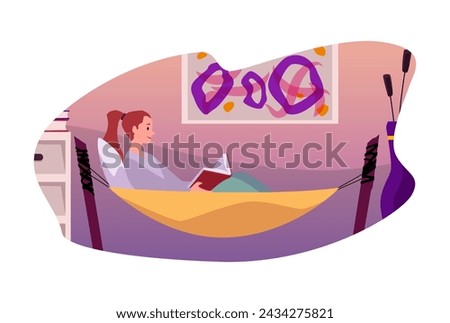 Cozy reading nook. Vector illustration of a person enjoying a book in a hammock indoors with wall art