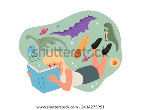 A teenage girl was immersed in a book about dinosaurs while lying on her stomach. Flat vector illustration depicts a young reader on an isolated background. Children's reading concept.