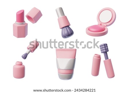 Set of pink decorative cosmetics 3D style, vector illustration isolated on white background. Design elements collection: lipstick, mascara, nail polish and cream. Beauty and care
