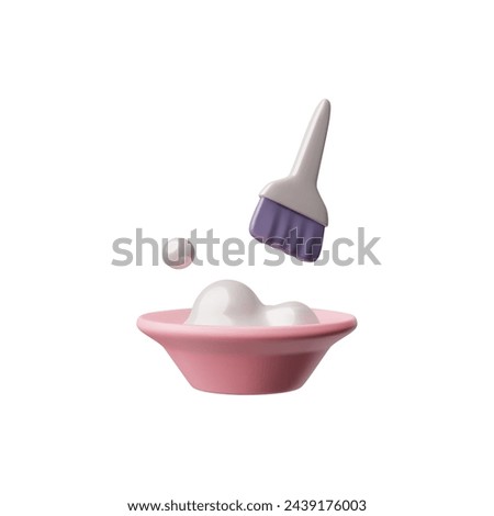 Hair dye tools 3D style vector render illustration. Hair stylist brush with cream in bowl. Hairdresser coloring equipment isolated on white. Beauty care and fashion hairstyle concept