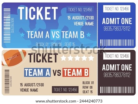 American college football ticket vector set. Cartoon rugby championship entry tickets design template. Sport game teams tournament, competition invitation card