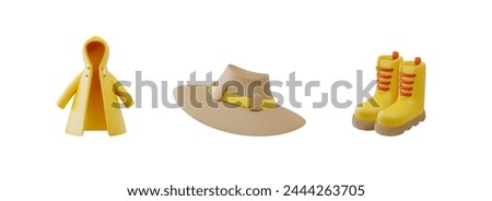 Clothes for camping. 3D isometric vector illustration of a walking set: cloak, hat and boots on an isolated background. Protective clothing for summer holidays, picnic or tourism.