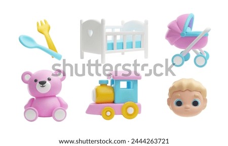 Set of children things 3D icons collection. Cartoon cute baby face, buggy, bed, toys and feeding utensils. Vector render illustration of newborn care stuff isolated on white background