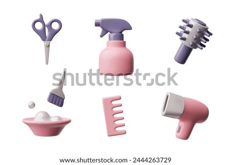 3D icons of hairdresser's tools: a bottle with a spray, a hair dryer, scissors, brush, brushing with bristles, hair dye in a bowl and a coloring brush on a white background