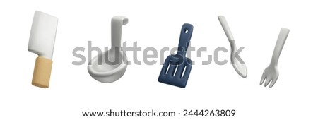 Set of 3D vector icons of kitchen utensils with spoon, fork, ladle, knife and spatula. Insulated kitchen cutlery, ideal for any culinary design project.