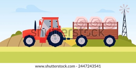Vector illustration of agricultural machinery: a tractor with a trailer filled with round bales of hay against the background of farm fields and a wind turbine.