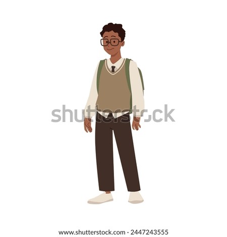 High school boy with backpack and glasses vector illustration. Cartoon teenager wearing school uniform vest, shirt and tie. Happy student, college afro male friend isolated on white background