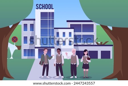 High school children greeting near the school building vector illustration. Cartoon teenagers boy and girls in school uniform vest, blazer, shirt and tie. Happy students, college multinational friends