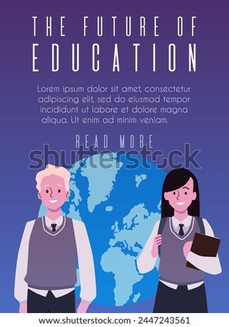 Vector poster with an empty space for text, a girl and a guy in a high school uniform and the planet earth as a reflection of the importance of learning for the world.