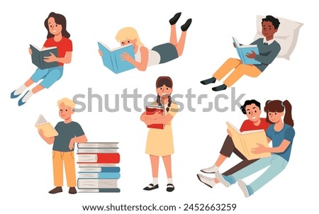 Set of diverse people enjoying reading. Vector illustrations of individuals and couples immersed in books, in various relaxed poses