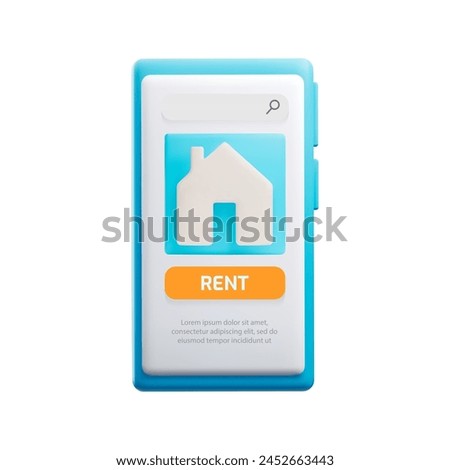 Modern 3d vector illustration of a mobile interface for a house rental service, featuring search and rent buttons, and placeholder text.