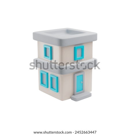 Two floors building 3D style vector illustration. Cartoon isometric house, hotel or office apartment isolated on white. Real estate construction icon. Volumetric kids resident toy, game asset