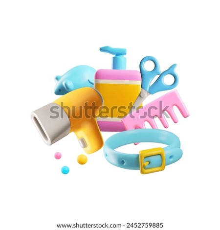 Complete pet care kit in 3D vector on isolated background. The collection includes shampoo, scissors, hair dryer, comb and collar to groom cats and dogs in adorable style.