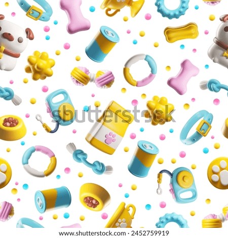 Cute seamless pattern with dog, toys and accessories 3D style vector illustration. Cartoon realistic pet care supplies, nutrition and entertainment zoo store. Leash, feed can and bag, collar
