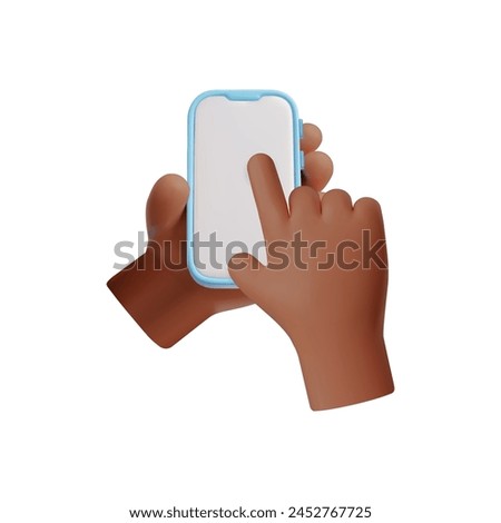 Holding smartphone in two hands 3D vector illustration. Touching mobile device with index finger, scrolling, swipe or tap click on white screen. Empty gadget display mockup