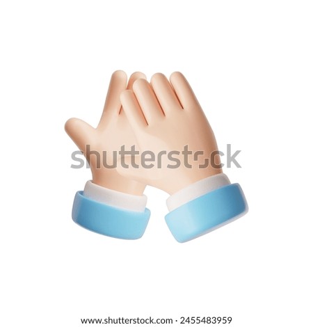 Clap hands gesture 3D icon. Render cartoon hands with blue sleeve applauds, palm rubbing or clapping. Congratulation, appreciation or excitement arm symbol. Positive emotion emoji