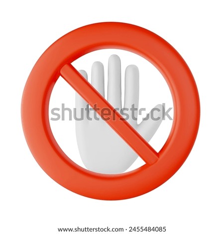 A 3D prohibition sign icon featuring a raised hand in white within a red circle and diagonal line, serving as a vector illustration for access denial or stop signals.