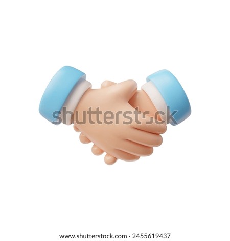 3D handshake, hold hands with blue sleeve vector icon. Partnership human arm gesture, greetings or support. Cartoon render agreement and successful deal handclasp, business meeting