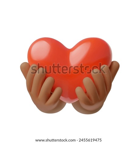 Glossy 3D heart icon cradled in caring hands, symbolizing love and kindness in a vector illustration.