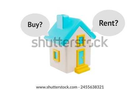 3D vector illustration of a two-story house with a blue roof, including text bubbles asking for sale or rent. Ideal for real estate advertising and web interfaces.