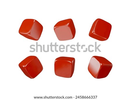 Set of glossy red cubes with soft corners falling, view from different angles 3D vector. Games design, cubic toy, square brick. Realistic 3d volume plastic isometric quadrilateral block