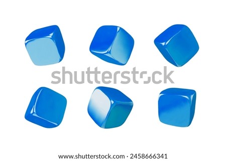 Set of glossy blue square cubes with soft corners falling, view from different angles 3D vector. Cubic toy brick. Realistic 3d volume plastic isometric quadrilateral block. Games design