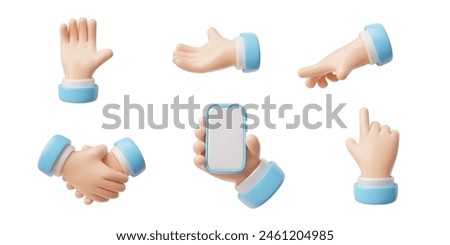 Hands gestures 3D vector set. Hands emoji with a mobile phone, handshake, palm down, five fingers greeting, pointer gestures. Cartoon arm with blue sleeve shows different communication signs emoticons