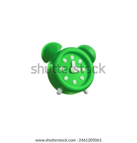 3D green alarm clock. Render watch icon, sleeping or deadline timer. Volumetric clock icon vector illustration isolated. Realistic 3d design reminder in plastic cartoon style, notice symbol