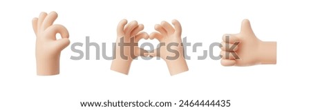 A collection of 3D vector icon illustrations of hand gestures: an OK sign, a heart shape, and a thumbs up, signifying approval, love, and positivity.