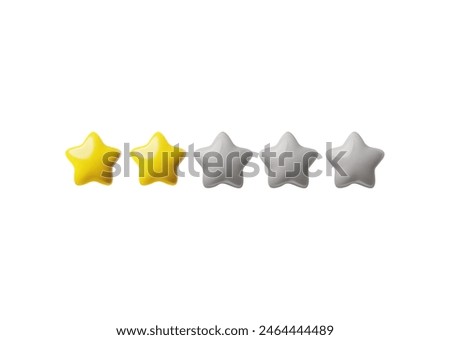 Two out of five-star rating icon. Vector illustration of a 3D horizontal line of stars with two yellow stars and three gray stars, representing moderate customer feedback or average quality rating.