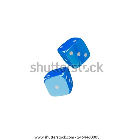 3D icon of two blue dice with white dots. Featuring a glossy, smooth surface and realistic design. This vector illustration is ideal for casino games, board games, and probability-themed projects
