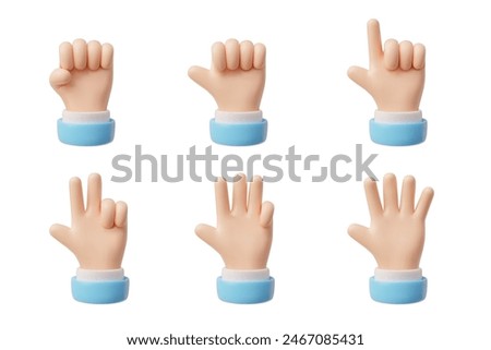 A 3D vector set of six hand gestures including a fist, an index finger point, two fingers, three fingers, four fingers., and an open palm, all with blue wristbands.