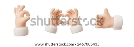 A set of 3D vector hand gestures in a shirt showing love, approval and positive communication. It includes a heart, a raised thumb and an OK sign on a white background.