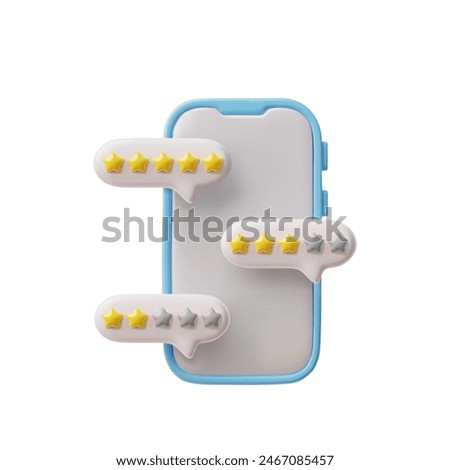 3d vector concept showing phone with dialog boxes and star ratings in yellow and gray colors. Ideal for mobile app customer reviews or rating icons. Isolated background.