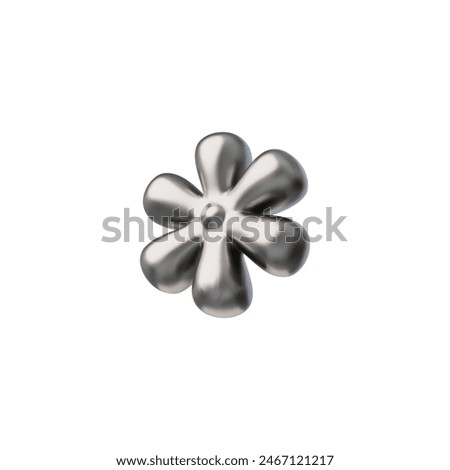 Vector 3D icon in the shape of a flower made of chrome. A brilliant silvery aesthetic is evident in every metallic, smooth image on a smooth white background.