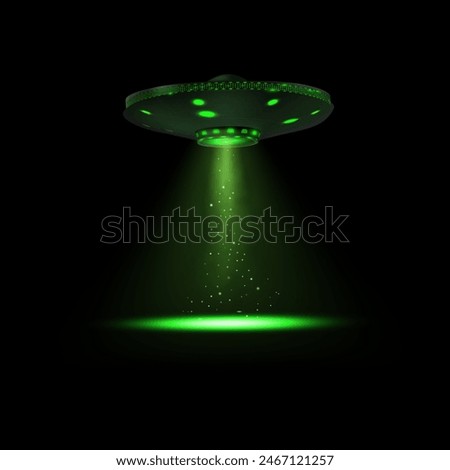 UFO spaceship with green glowing lights hovering in dark sky. Beam of green light shining down with small particles floating. Vector illustration of extraterrestrial concept.