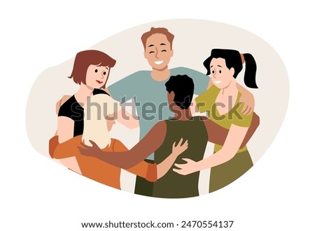 Unity and support vector concept: Illustration of a close circle of diverse men and women in a group hug symbolizing togetherness on a white isolated background. Close-up of sticker design.