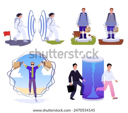 Magic portal or teleport passage. Concept of travel in time and space dimension, quantum leap. Cartoon vector fantastic illustrations set. Astronaut, courier man, mushroom picker, businessman